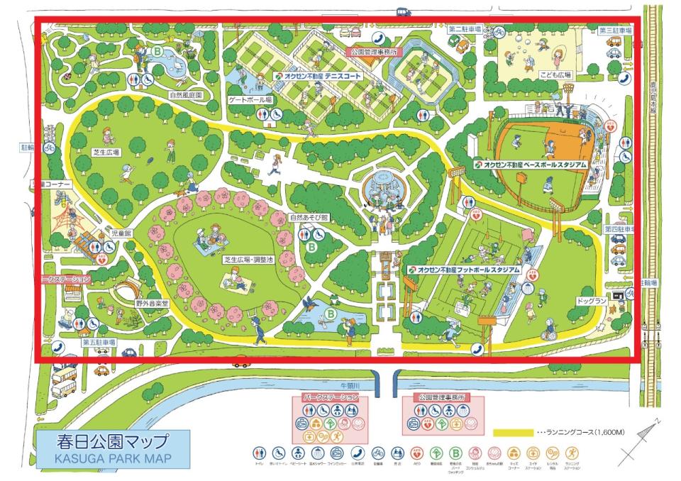 春日公園の地図。見られる場所は公園全域が示されている。
