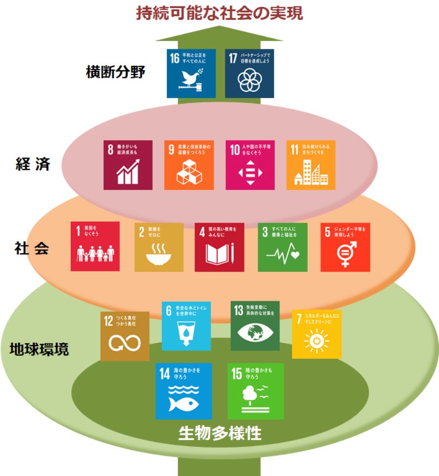 イメージ図:持続可能な開発の三側面及び生物多様性から見たSDGs